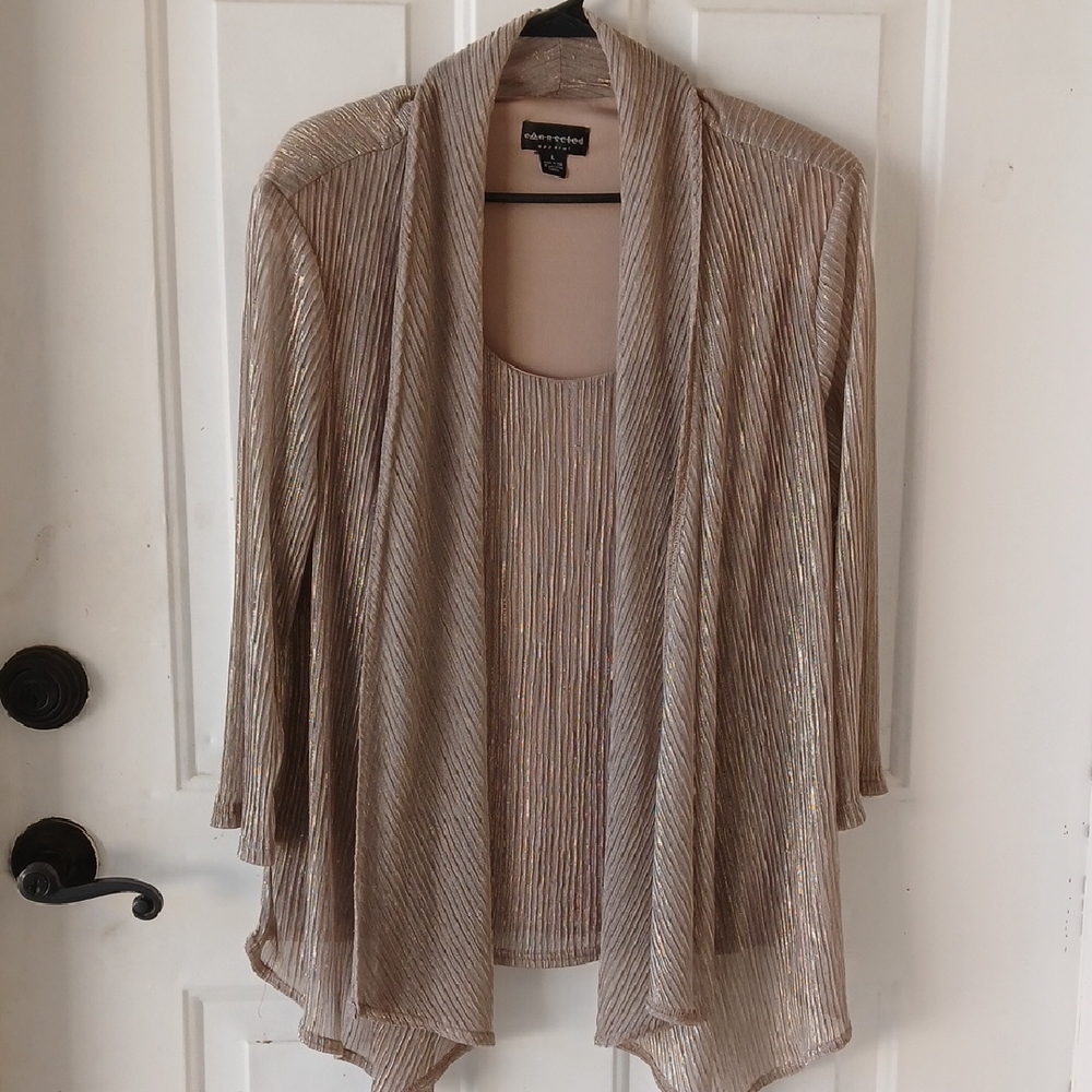 Alex Evenings Shimmery Taupe Metallic Open-Front Cardigan with Matching Camisole